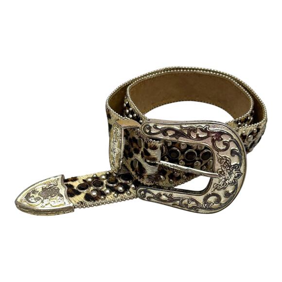 Western Belt Leopard Calf Hair Studded Silver Amber Small - Picture 1 of 6